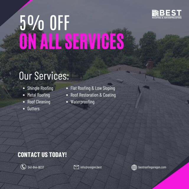 Save 5% on all services! With this limited-time offer, you can invest in high-quality roof improvements at a reduced cost, ensuring your home is well-protected and its value maintained. Reach out today to secure your savings and elevate your roof. 🏡👷‍♂️#QualityRoofing #DiscountRoofing #Promo